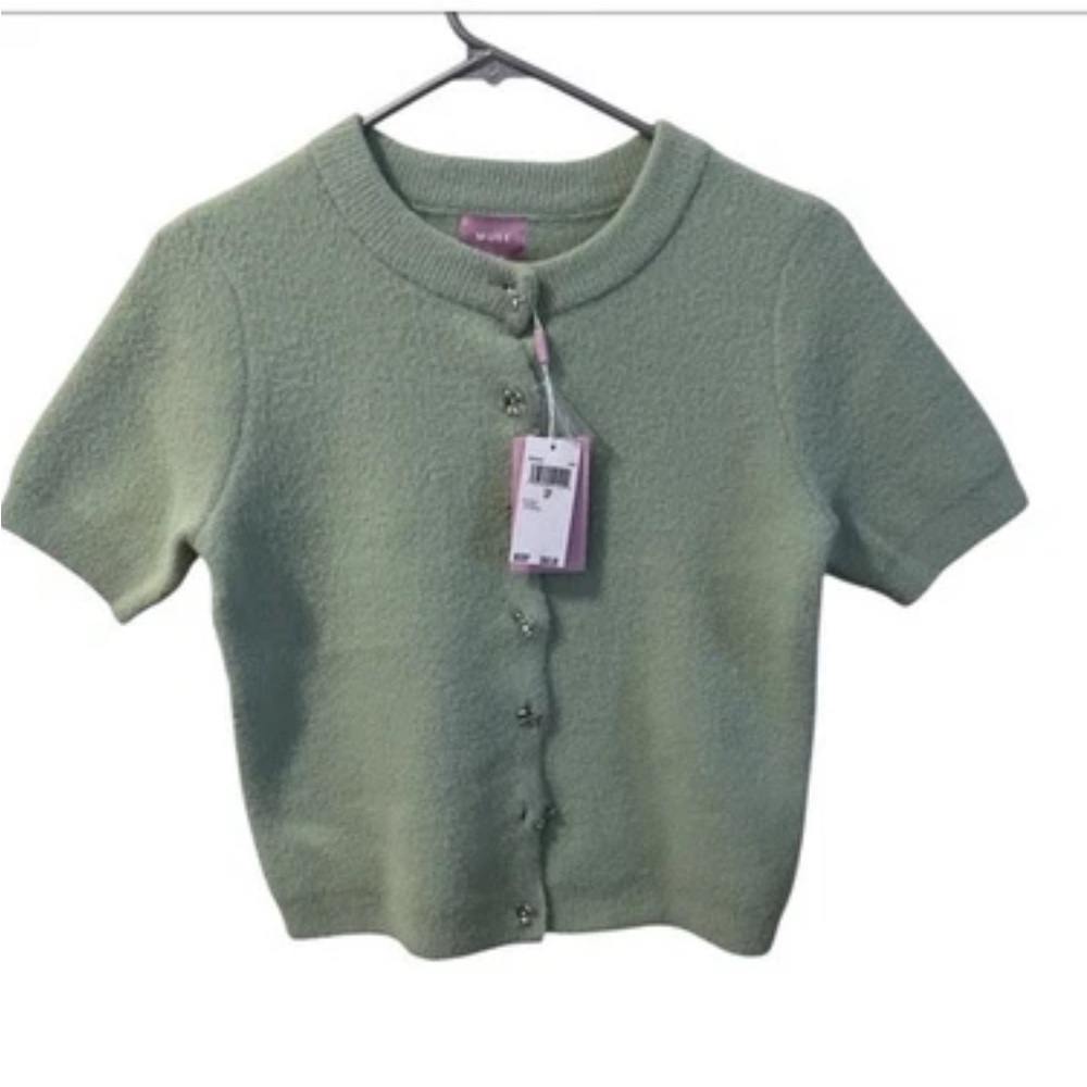 NWOT Muse‎ Silver Bow Button Mint Green Short Sleeve Cardigan Sweater Sz SP